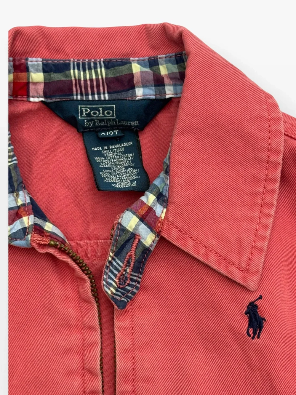 Polo Ralph Lauren Coral Red Chino Zip Jacket Toddler 2T Madras Plaid Lining